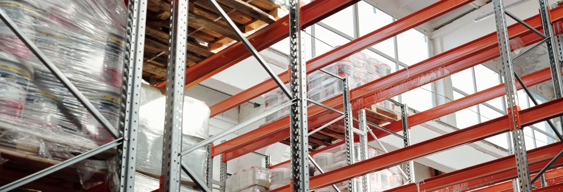 Packaged goods in commercial warehouse storage